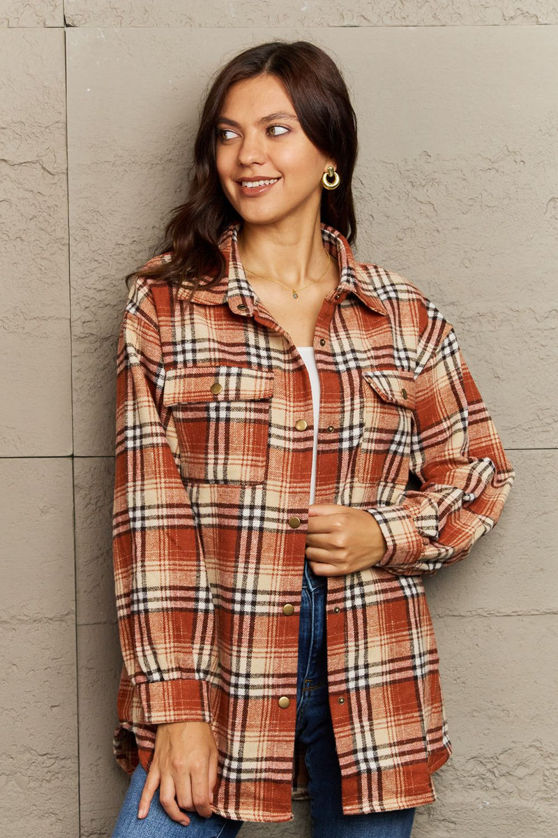 Plaid Collared Neck Button-Down Long Sleeve Jacket