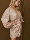 Tied Sequin Surplice Balloon Sleeve Dress