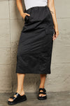 Just In Time High Waisted Cargo Midi Skirt in Black