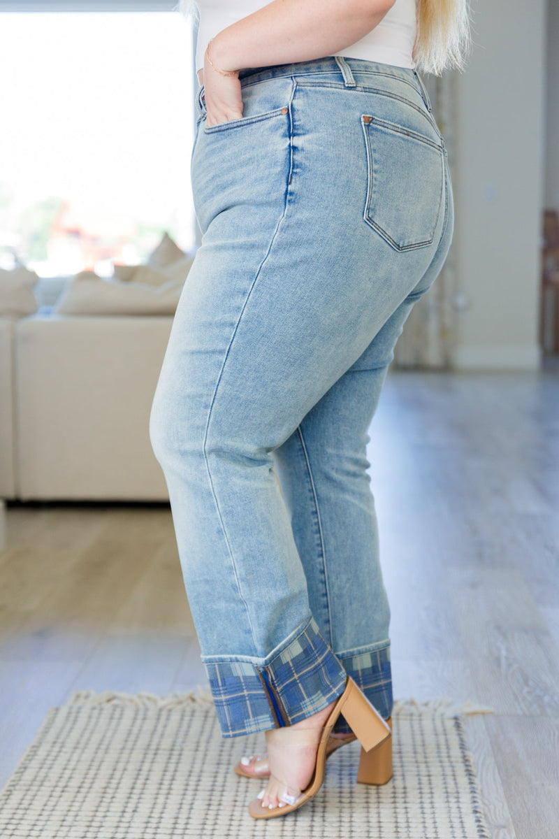 Judy Blue Miranda High Rise Plaid Cuff Vintage Straight Jeans