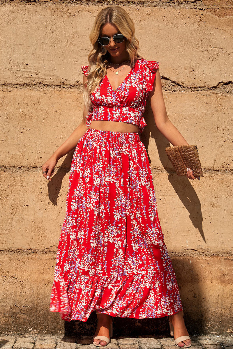 Printed Tie Back Cropped Top and Maxi Skirt Set (PLEASE ALLOW 7-15 DAYS FOR SHIPPING AND PROCESSING)