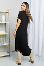 V-Neck Short Sleeve Curved Hem Dress in Black