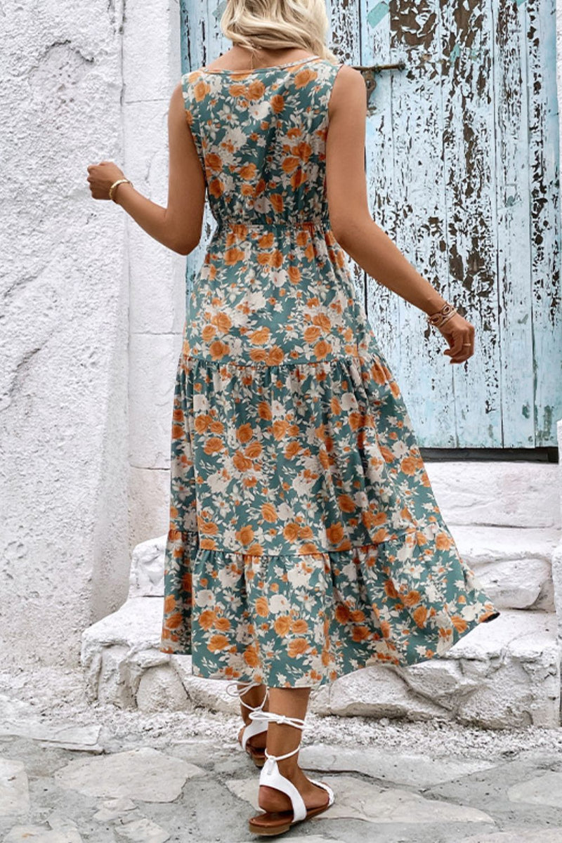 Floral V-Neck Tiered Sleeveless Dress(PLEASE ALLOW 5-14 DAYS FOR PROCESSING AND SHIPPING)