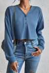 Cropped V-Neck Raglan Sleeve Buttoned Blouse (PLEASE ALLOW 7-15 DAYS FOR SHIPPING AND PROCESSING)