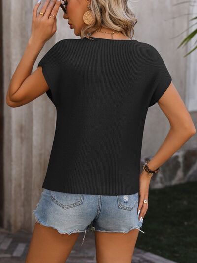 Pocketed Round Neck Cap Sleeve Sweater