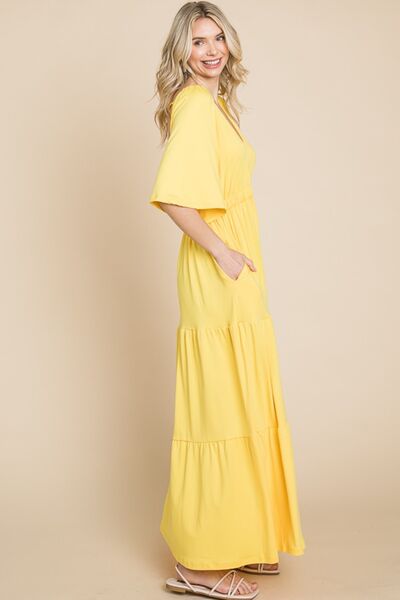 Backless Plunge Half Sleeve Tiered Dress