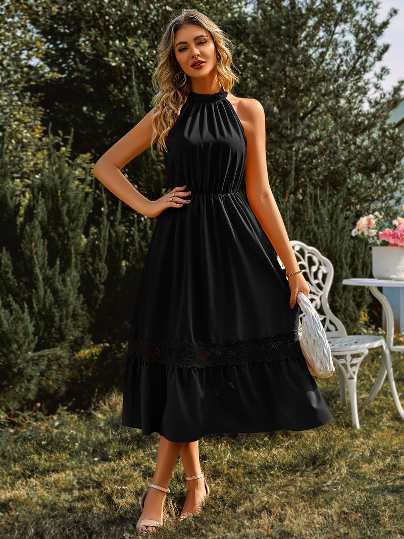 Grecian Neck Spliced Lace Midi Dress(PLEASE ALLOW 5-14 DAYS FOR PROCESSING AND SHIPPING)