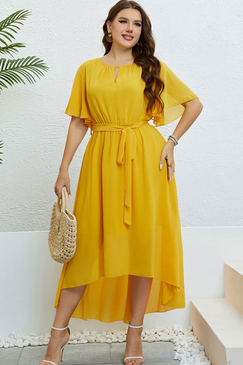 Belted Flutter Sleeve High-Low Dress(PLEASE ALLOW 5-14 DAYS FOR PROCESSING AND SHIPPING)