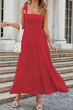 Tie-Shoulder Smocked Tiered Dress(PLEASE ALLOW 5-14 DAYS FOR PROCESSING AND SHIPPING)