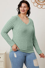 Full Size Ribbed V-Neck Long Sleeve Top