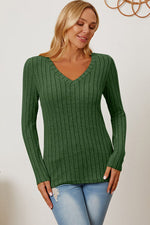 Full Size Ribbed V-Neck Long Sleeve Top