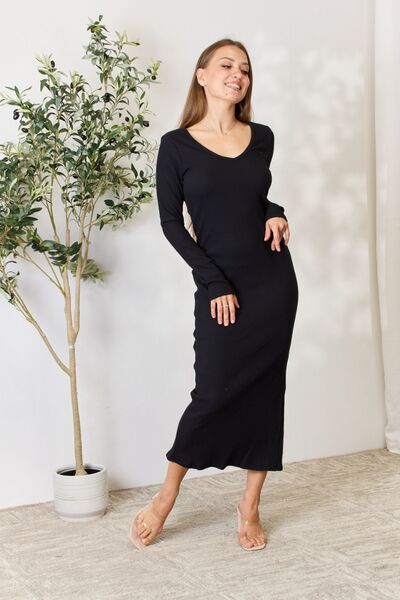 Full Size Ribbed Long Sleeve Midi Slit Dress