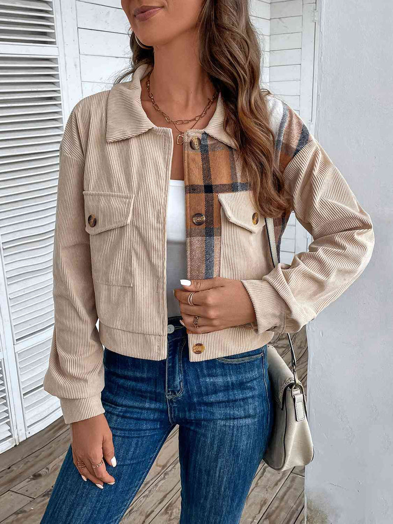 Color Block Collared Neck Button-Up Jacket