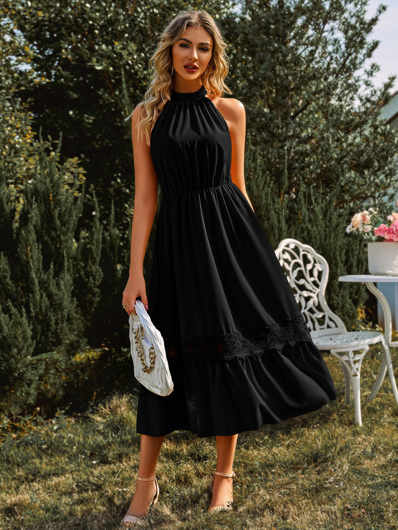 Grecian Neck Spliced Lace Midi Dress(PLEASE ALLOW 5-14 DAYS FOR PROCESSING AND SHIPPING)