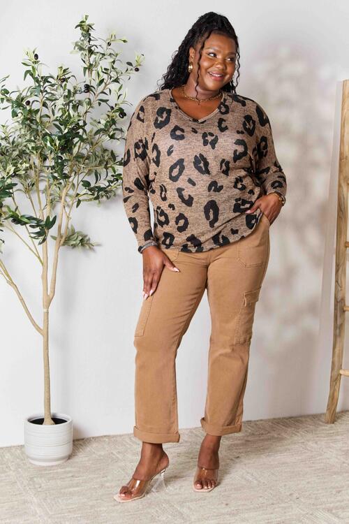 Full Size Leopard V-Neck Long Sleeve Top