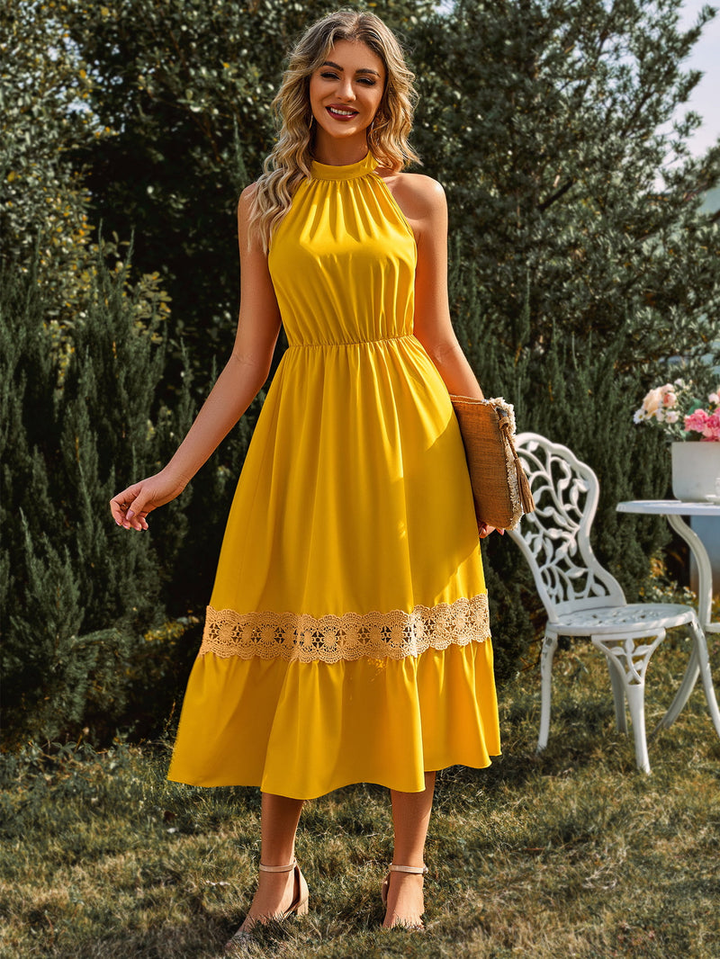 Grecian Neck Spliced Lace Midi Dress(PLEASE ALLOW 5-14 DAYS FOR PROCESSING AND SHIPPING)