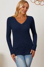 Full Size Ribbed V-Neck Long Sleeve Top