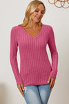 Full Size Ribbed V-Neck Long Sleeve Top