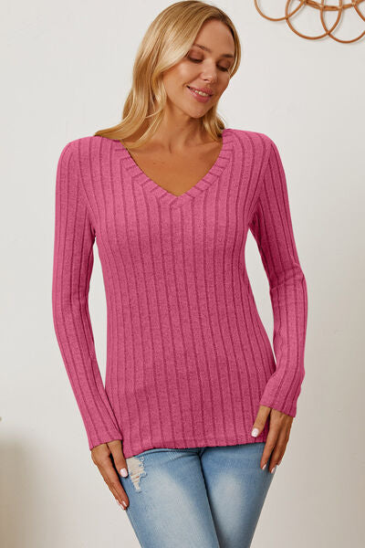 Full Size Ribbed V-Neck Long Sleeve Top