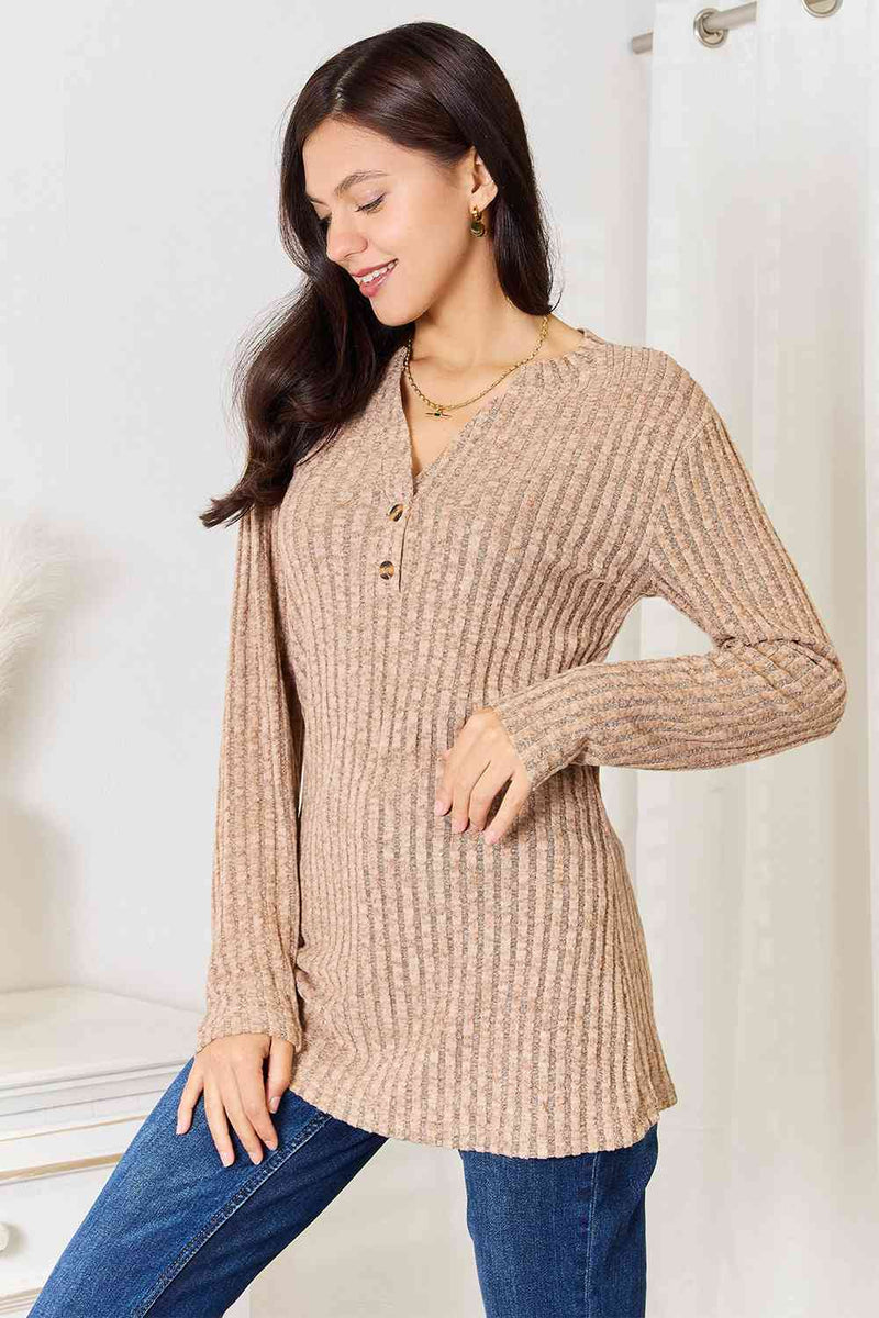 Notched Neck Ribbed Long Sleeve Shirt