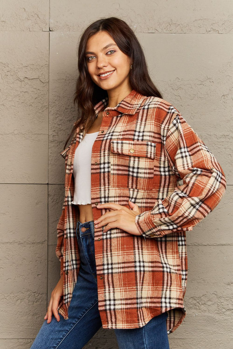 Plaid Collared Neck Button-Down Long Sleeve Jacket