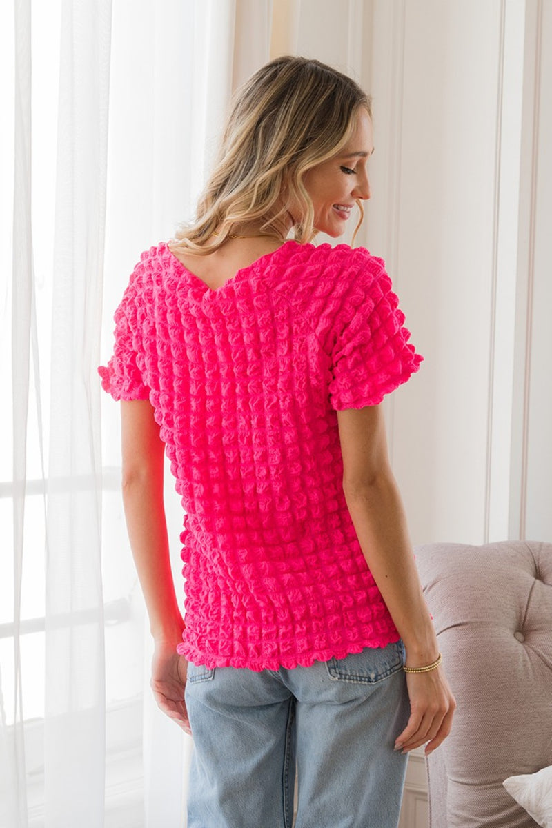 Bubble Textured Round Neck Short Sleeve Top