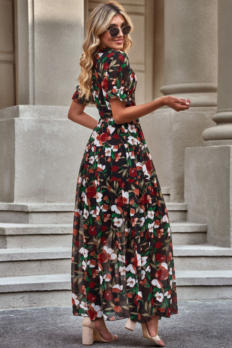 Floral V-Neck Short Flounce Sleeve Dress(PLEASE ALLOW 5-14 DAYS FOR PROCESSING AND SHIPPING)