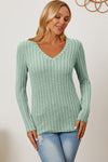 Full Size Ribbed V-Neck Long Sleeve Top