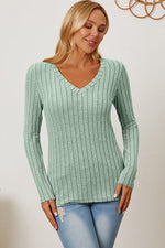 Full Size Ribbed V-Neck Long Sleeve Top