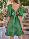 Square Neck Balloon Sleeve Tied Dress(PLEASE ALLOW 5-14 DAYS FOR PROCESSING AND SHIPPING)