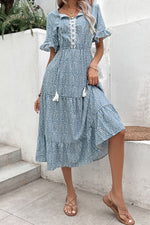 Printed Tassel Tie Flounce Sleeve Dress(PLEASE ALLOW 5-14 DAYS FOR PROCESSING AND SHIPPING)