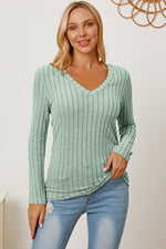 Full Size Ribbed V-Neck Long Sleeve Top