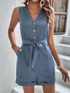 Tie-Waist Buttoned V-Neck Sleeveless Romper(PLEASE ALLOW 5-14 DAYS FOR PROCESSING AND SHIPPING)