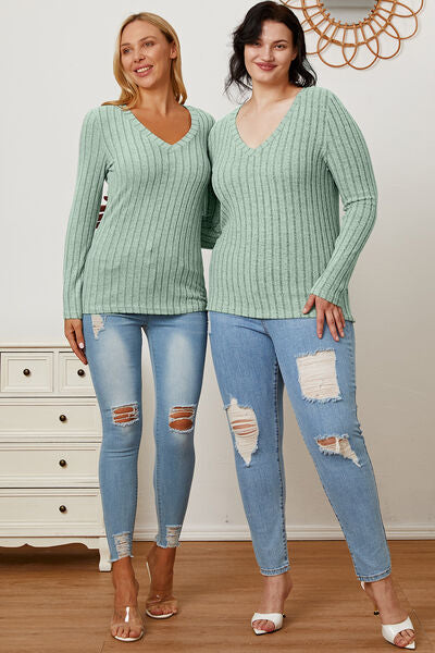 Full Size Ribbed V-Neck Long Sleeve Top