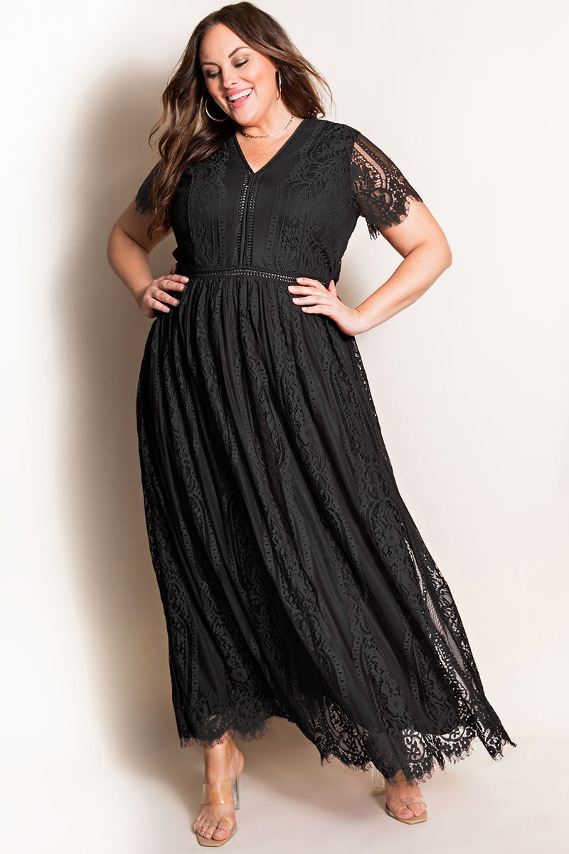 V-Neck Short Sleeve Lace Maxi Dress(PLEASE ALLOW 5-14 DAYS FOR PROCESSING AND SHIPPING)