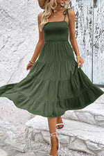 Tie-Shoulder Tiered Midi Dress(PLEASE ALLOW 7-14 BUSINESS DAYS FOR PROCESSING AND SHIPPING)