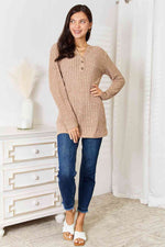 Notched Neck Ribbed Long Sleeve Shirt
