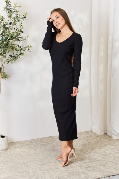 Full Size Ribbed Long Sleeve Midi Slit Dress