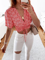 Floral Drawstring Deep V Cropped Blouse (PLEASE ALLOW 5-14 DAYS FOR PROCESSING)