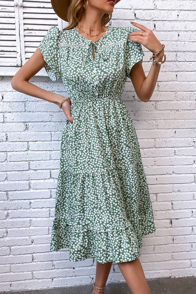 Floral Tie Neck Petal Sleeve Dress(PLEASE ALLOW 5-14 DAYS FOR PROCESSING AND SHIPPING)