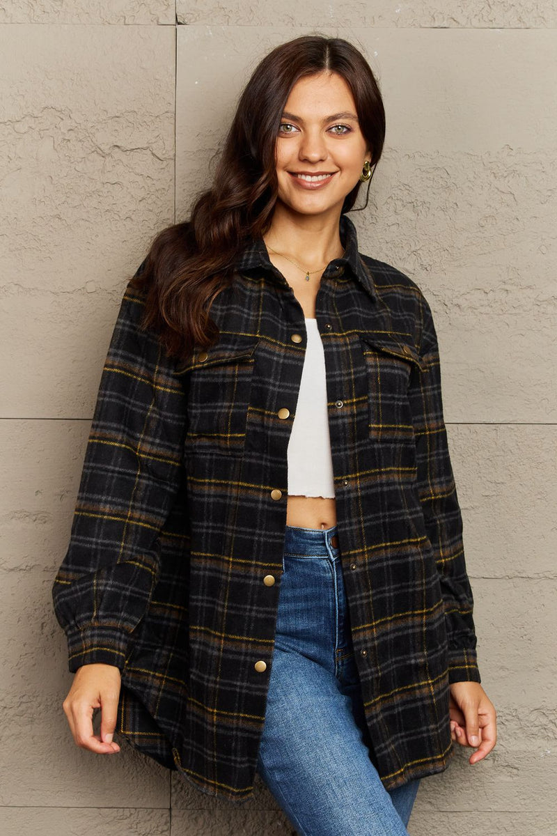 Plaid Collared Neck Button-Down Long Sleeve Jacket