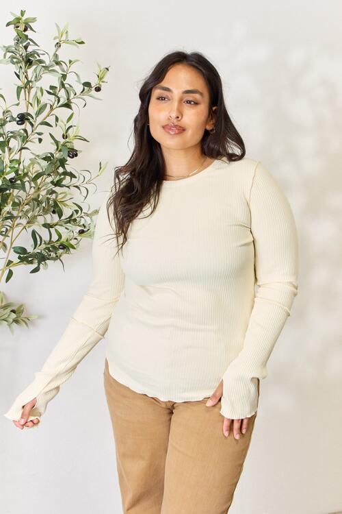 Full Size Ribbed Round Neck Long Sleeve Top