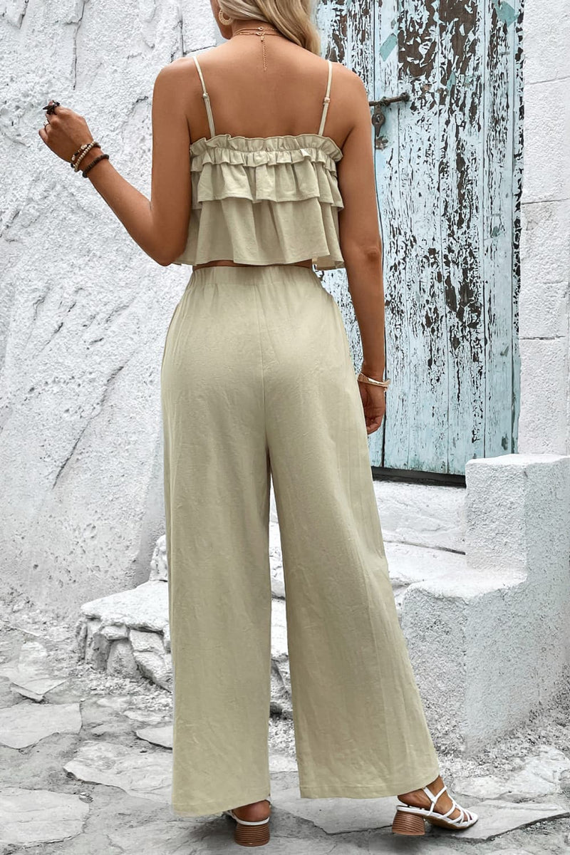 Frill Trim Cami and Wide Leg Pants Set (PLEASE ALLOW 7-15 DAYS FOR SHIPPING AND PROCESSING)