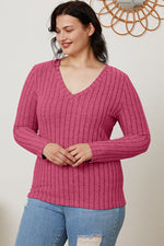 Full Size Ribbed V-Neck Long Sleeve Top