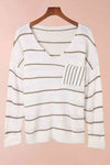 Striped V-Neck Drop Shoulder Sweater with Pocket