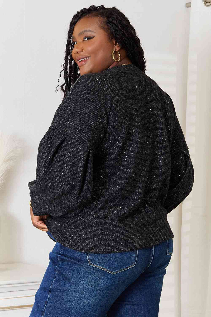 Full Size Boat Neck Glitter Long Sleeve Top